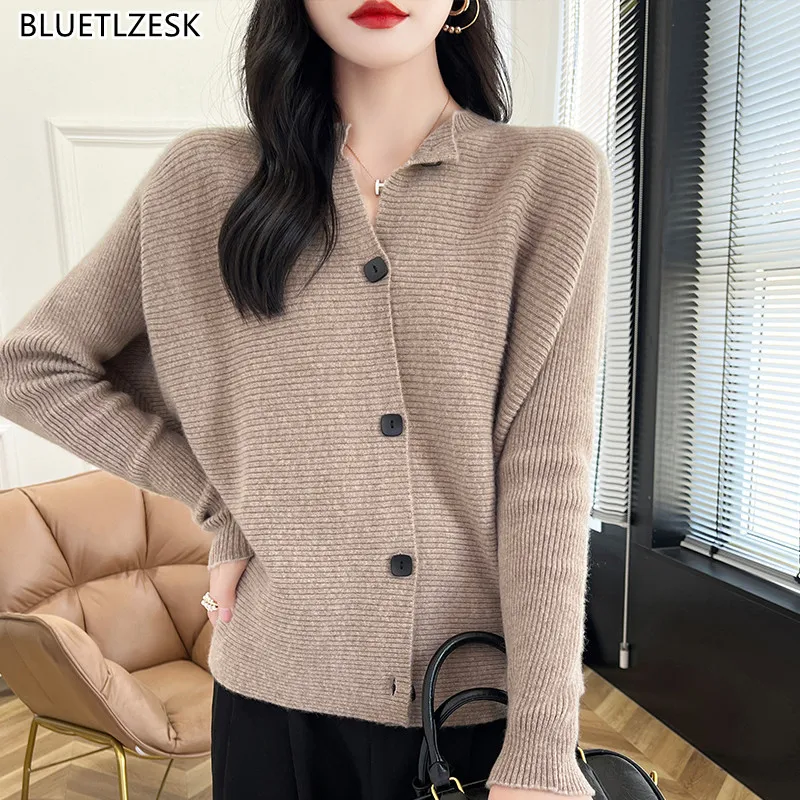 Autumn/Winter New 100% Pure Wool Cardigan Women's O-Neck Knitted Bat Sleeve Cardigan Loose Solid Color Cashmere Sweater Coat Top