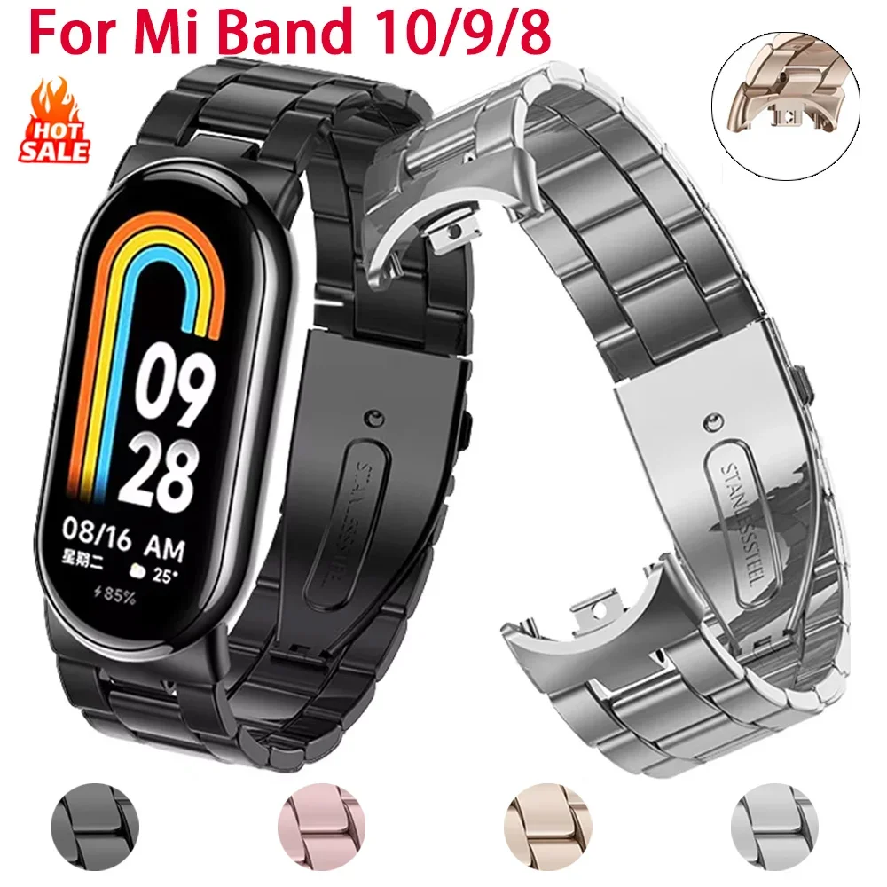 Metal Watch Strap For Xiaomi Band 10 9 8 Stainless Steel Smartband  For Xiaomi Mi band 10 9 8 NFC Folding Clasp Wristband