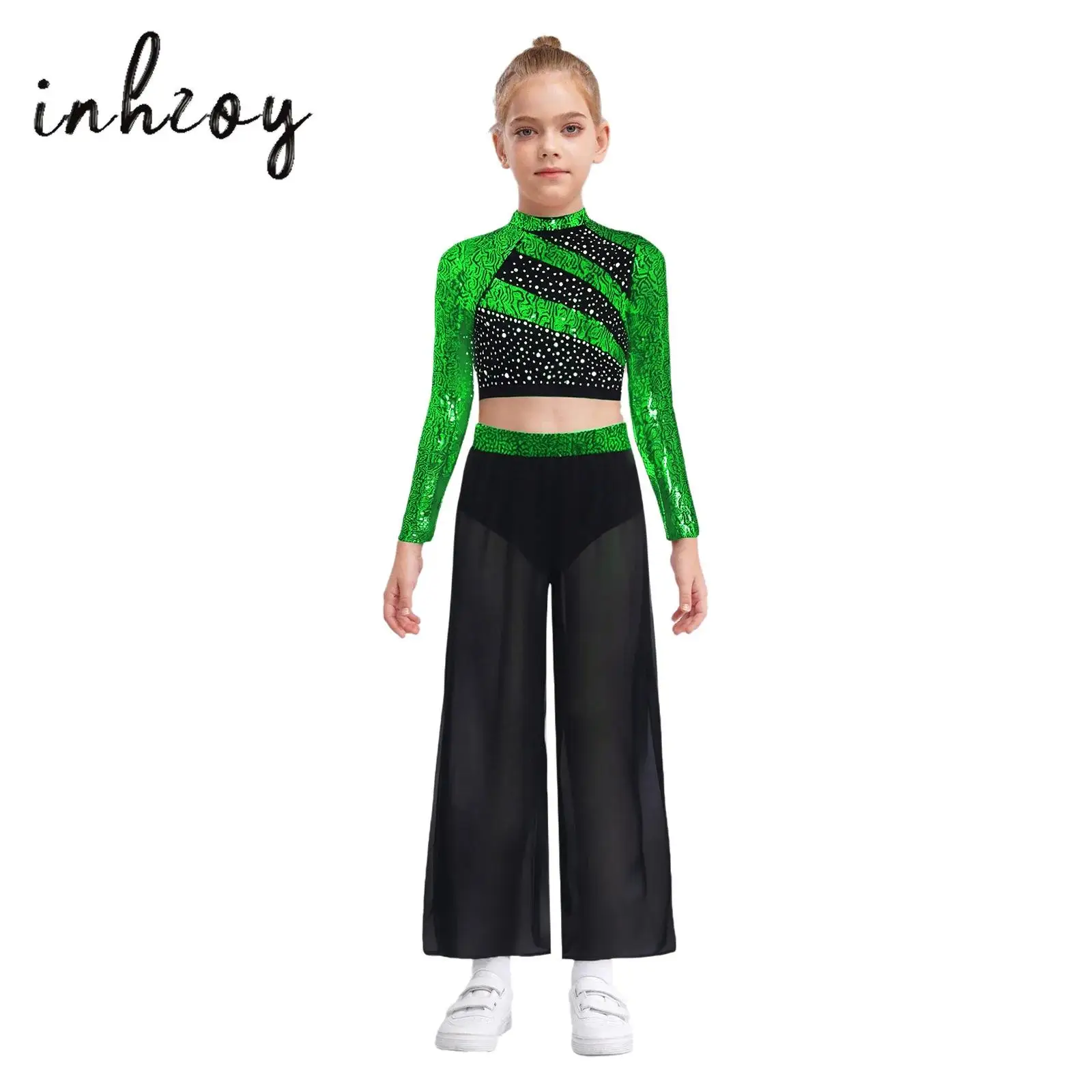 Kids Girls Jazz Dance Outfit Mock Neck Long-Sleeved Sequins Crop Top with Side Slit Dance Pants Latin Tango Salsa Jazz Costume