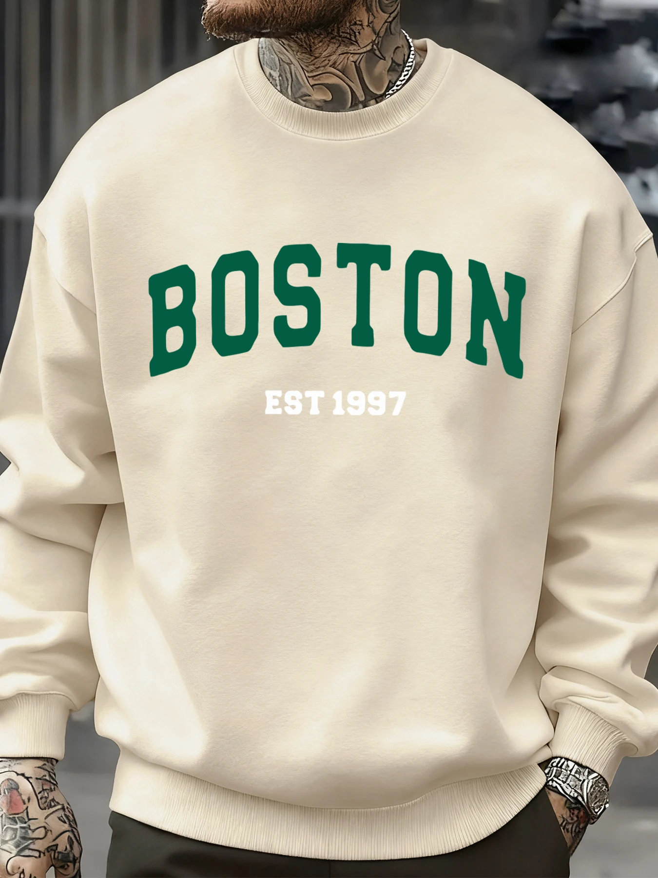 Boston Letter, schlichte Muster, Herren-Sweatshirt, modische, warme Pullover, lässige, übergroße, bequeme Streetwear, Herbst-Fleece-Kleidung. – Detail 12