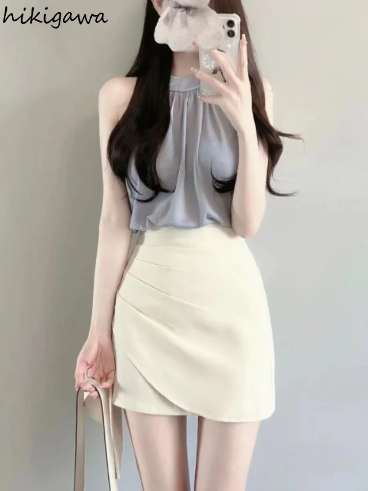 2024 Women Clothing Summer Skirt Two Piece Sets Sleeveless Off Shoulder Tops Tunic High Waist Folds  Bodycon Mini Skirts Suit