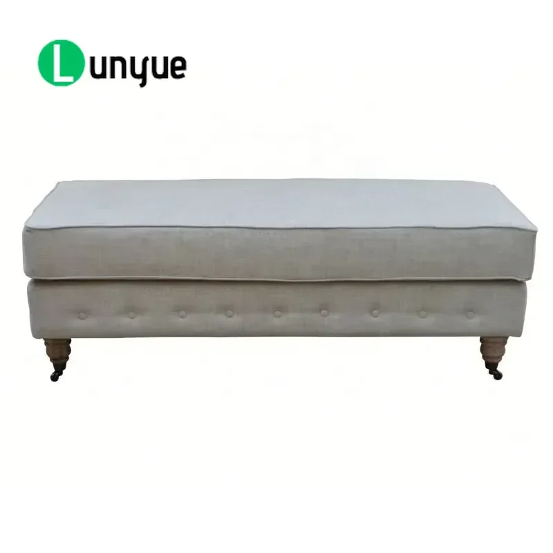 Nordic French Solid Oak Fabric Stool with Casters Rectangular Wooden Ottoman Chair for Sofa Bed Living Room Bedroom Furniture