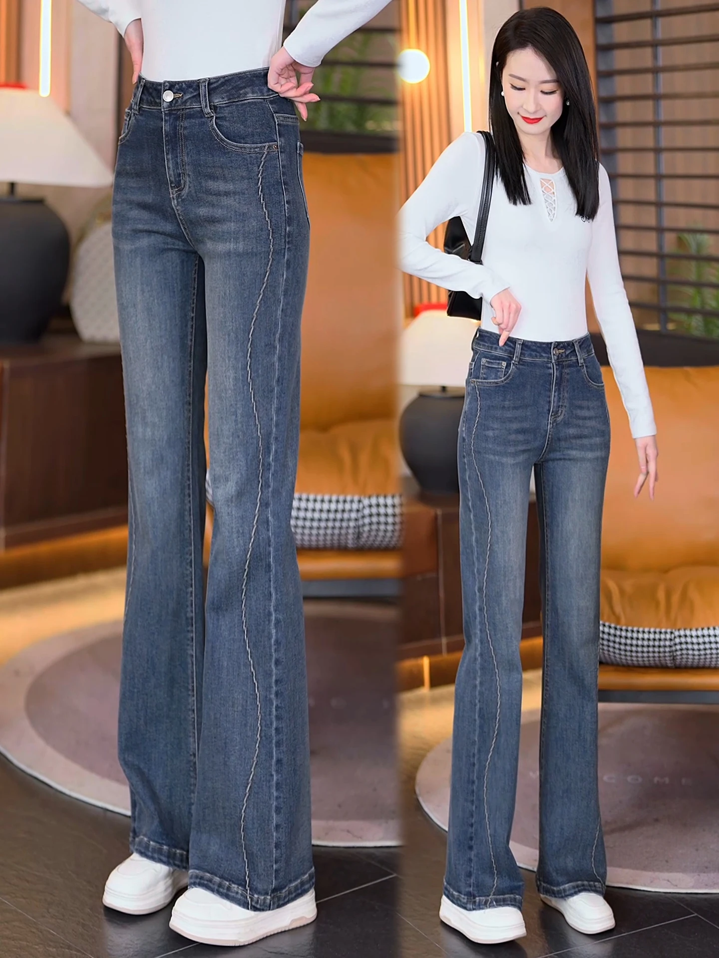 

Женские джинсы с высокой талией, расклешенные, весна-осень, ретро, утягивающие, модные, микро-клеш, повседневные, хлопковые