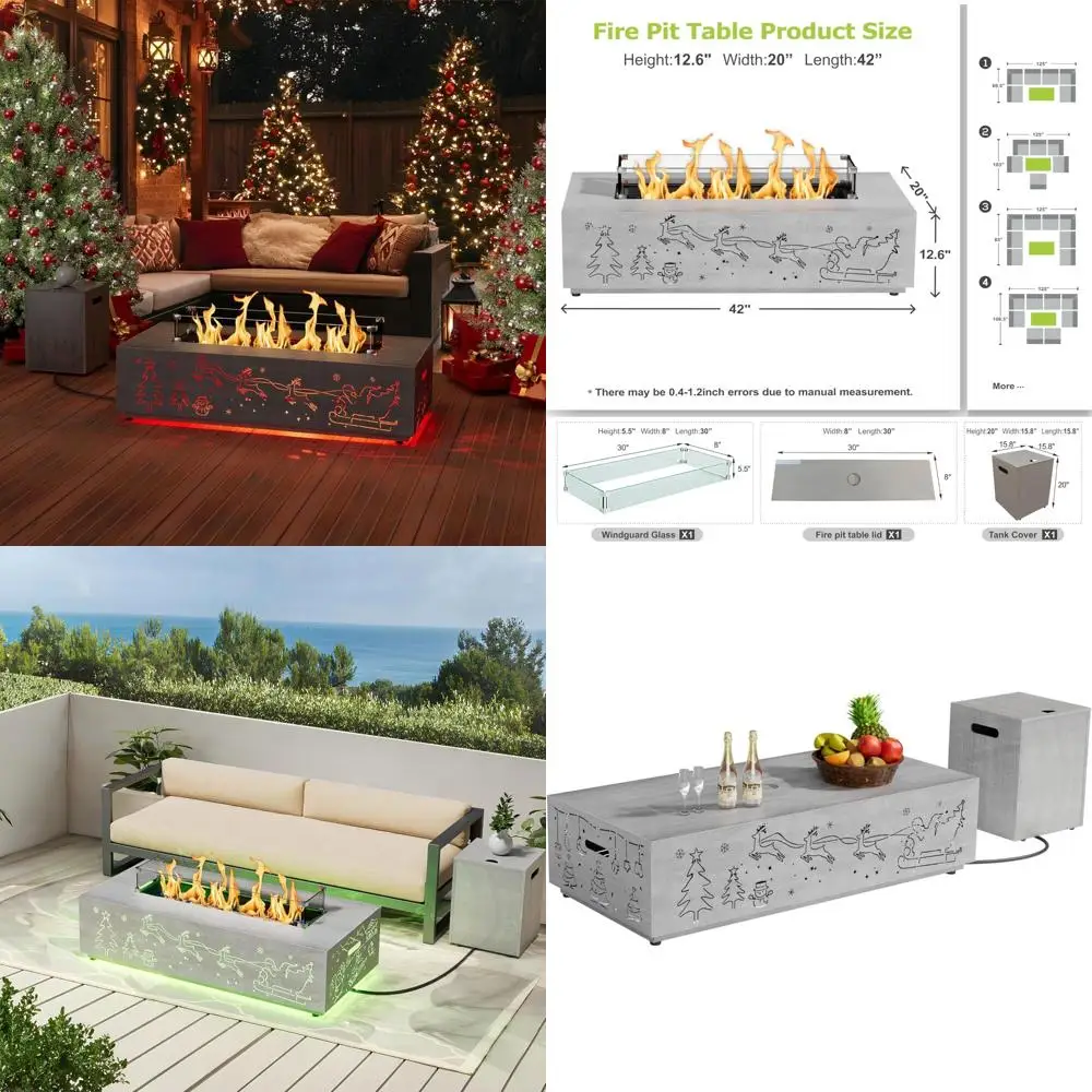 

Propane Fire Pit Table 42 with Christmas Cutout and RGB Lighting - 50,000 BTU, Wind Guard Glass, Lid, Rocks, Cover