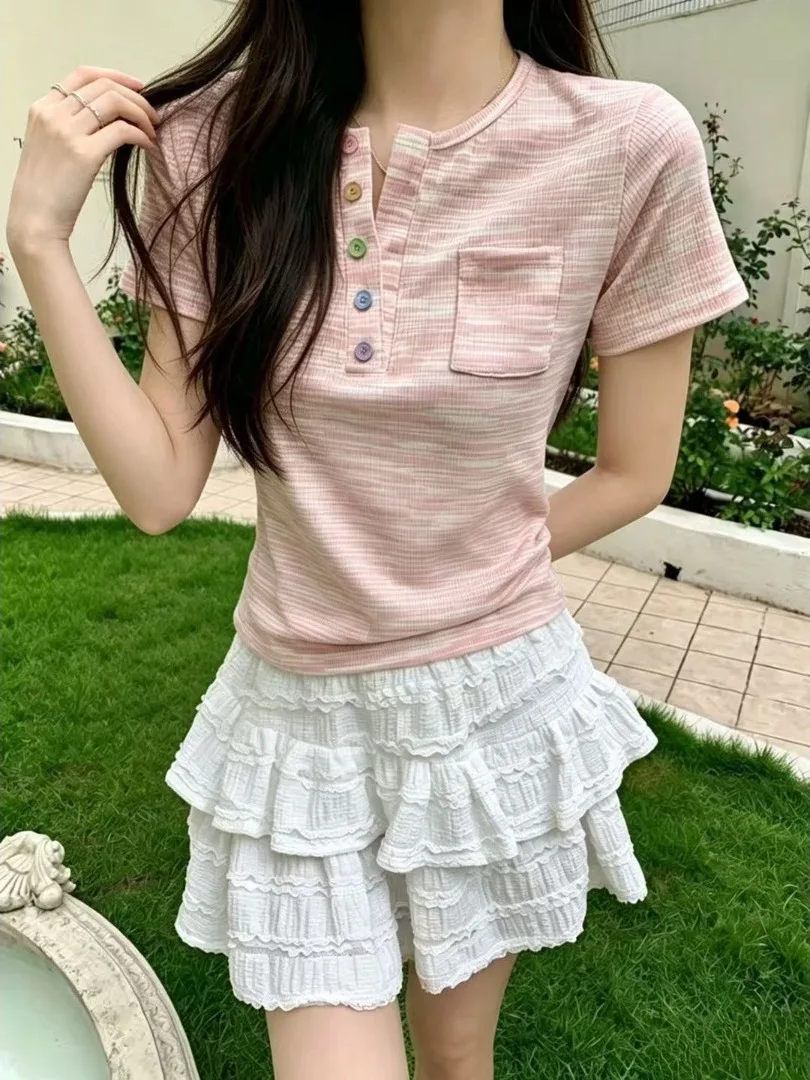 

Slimming Effect Button up Short Sleeve T-Shirt for plus Size Women Casual Base Shirt V Neck Summer Fashion plus Size Top
