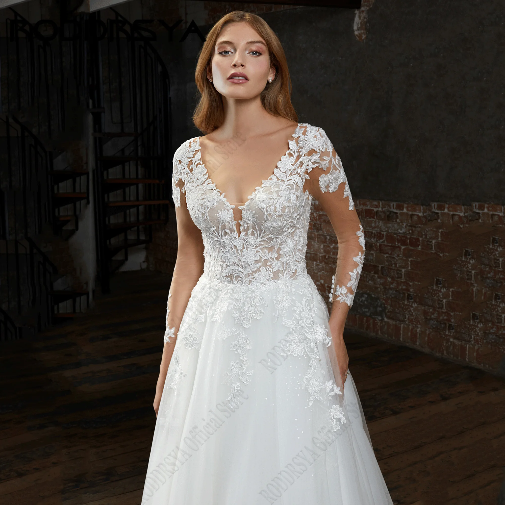 RODDRSYA abito da sposa maniche lunghe a-line Glitter Tulle abiti da sposa Applique pizzo Backless eleganti abiti da sposa per le donneRODRSYA Abito da sposa Maniche Lunghe A-Line Glitter Tulle Abiti da sposa Applique