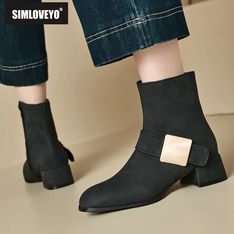 

SIMLOVEYO 2025 женские модные ботильоны с круглым носком, 4 см, блочные каблуки, молния, металлические украшения, повседневная одежда, размер 46-48, женские mujer