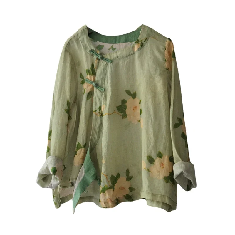 Cotton and Linen Shirt Women's Summer Thin Long-Sleeved Printed Top Retro Artistic Chinese Style Tea Clothes Zen Printing