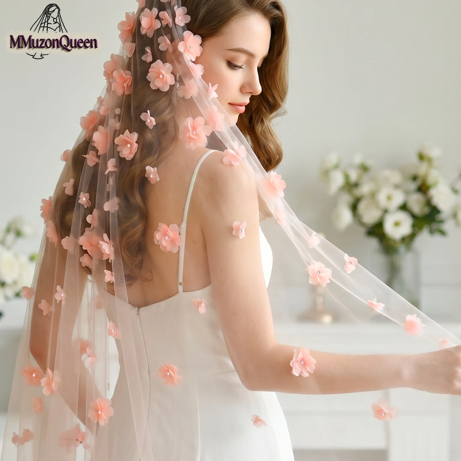 

TOPQUEEN Voile MariéE 3d Floral Velo De Novia Lujosa With Comb Wedding Props Wedding Accessories Women'S M137