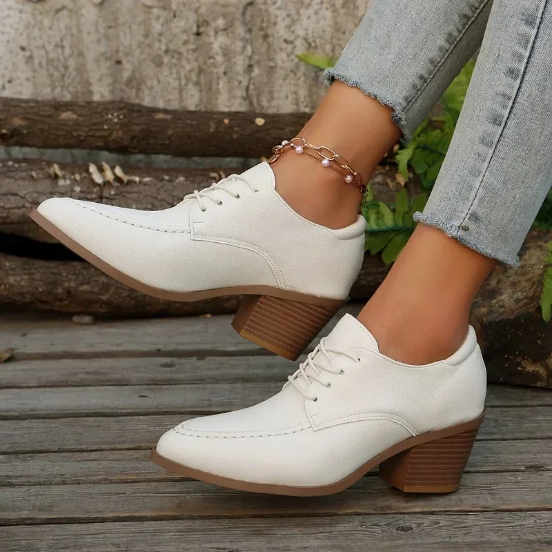 Women Loers Soft Leather Shoes Comfortable Leather Shoes Casual High Heels Round Toe Solid Color Shoes Office Party Shoes Spring