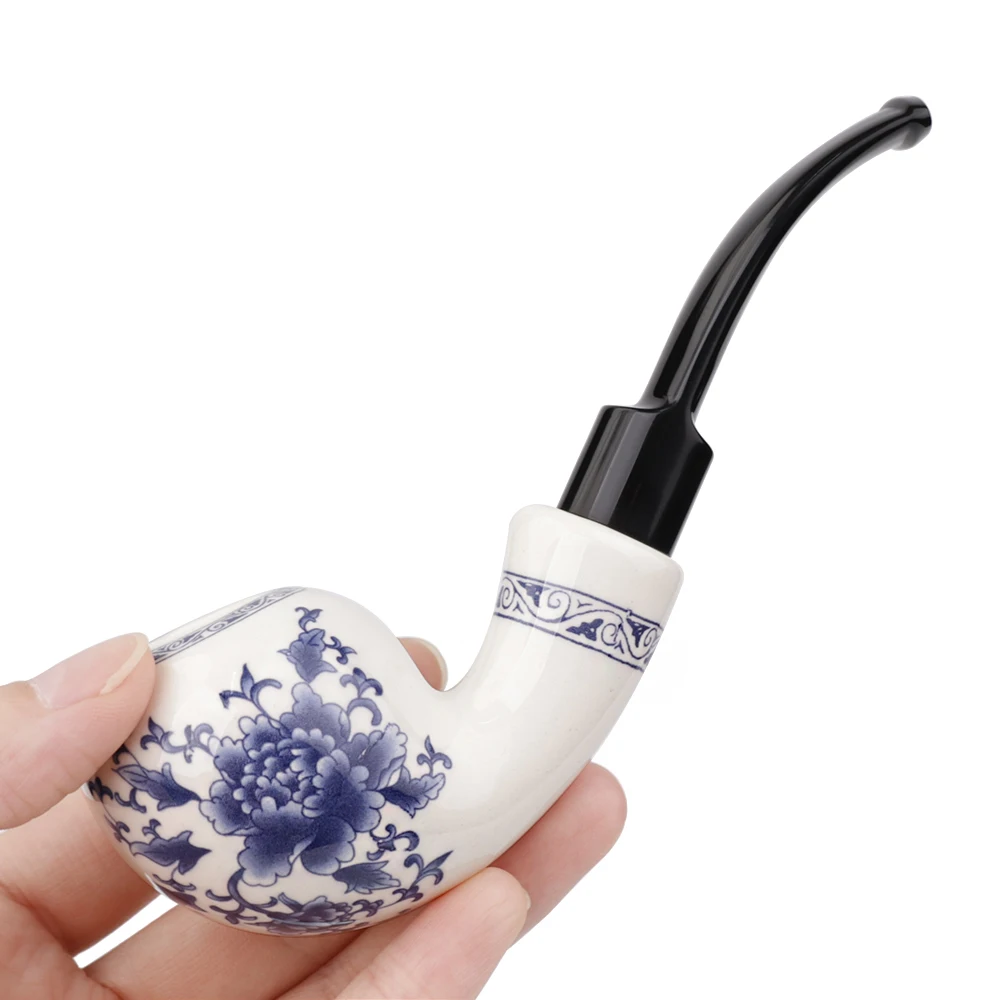 RU MuXiang Blue and white porcelain tobacco pipe , 9mm filter element smoking pipe , Chinese style ceramic pipe , pipe holder