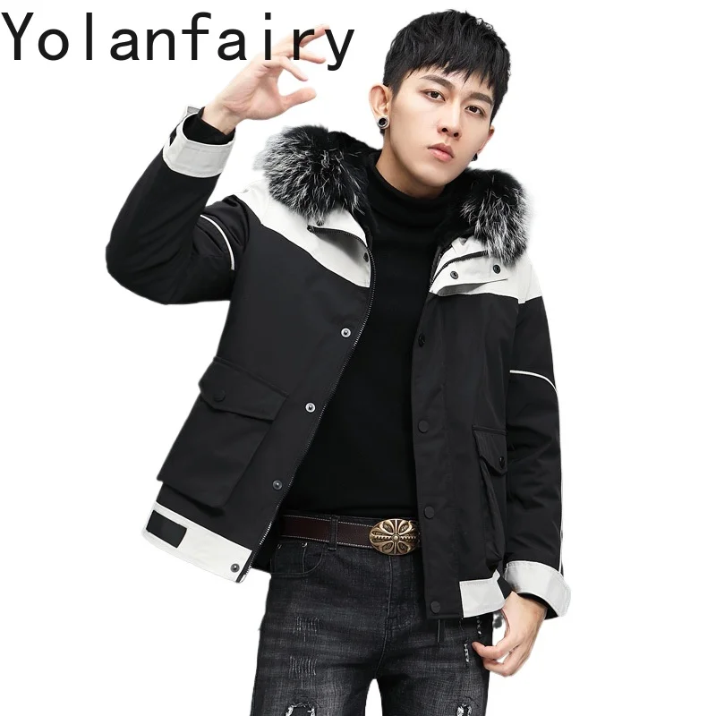 YOLANFAIRY Real Rabbit Fur Men Short Parkas Man Luxury Clothing Fur Hood Winter Jacket Raccoon Fur Collar Slim Fit Бомбер 2024