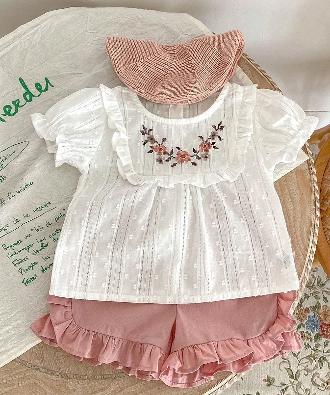Summer New Baby Fashion Set: Embroidered Bubble Sleeve Front Placket Top + Ruffle Trim Shorts for Girls