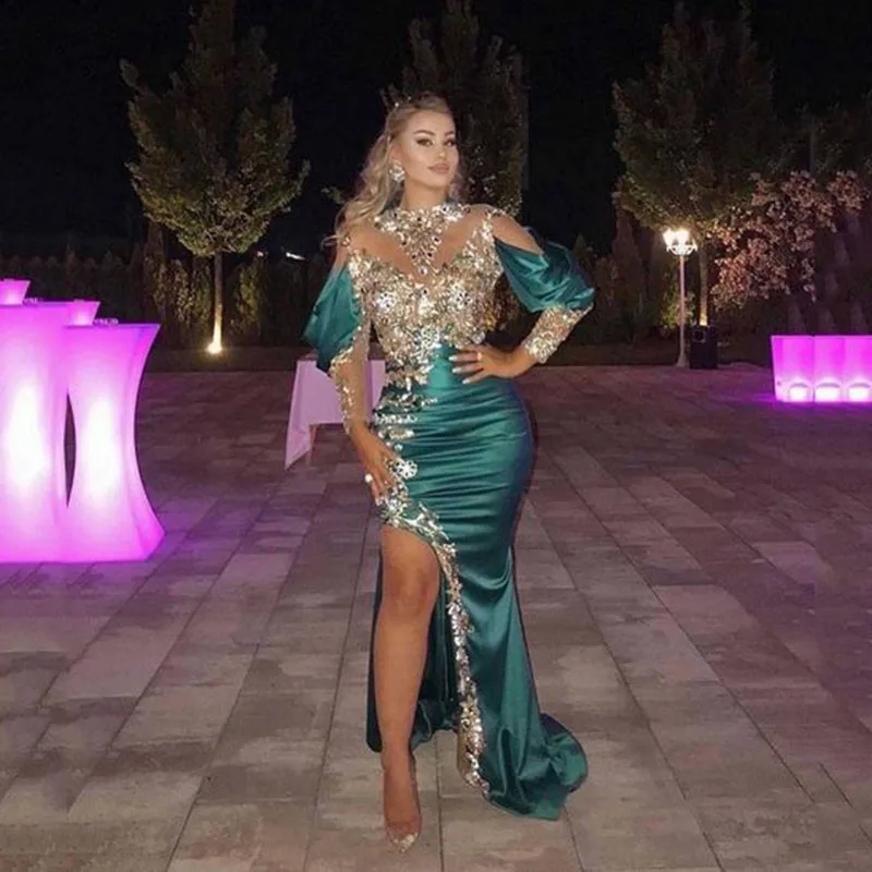 Sparkly Sequins Green Mermaid Prom Dress Sexy Slit Long Sleeves Appliques Lace  Saudi Arabia Formal Evening Party Gowns