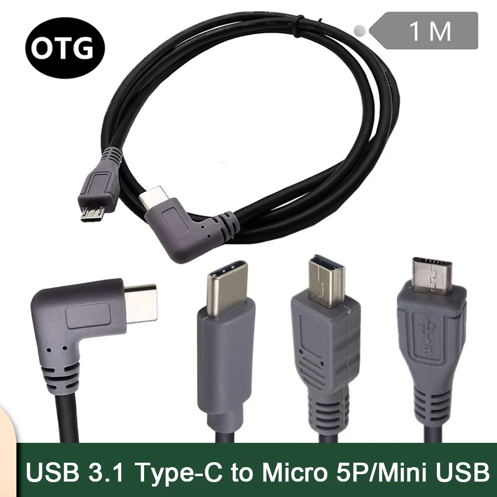 

90 Degree Elbow USB 3.1 Type-C To Micro 5P / Mini USB OTG Male To Male Data Charging Adapter Cable USB-C 1m 3ft