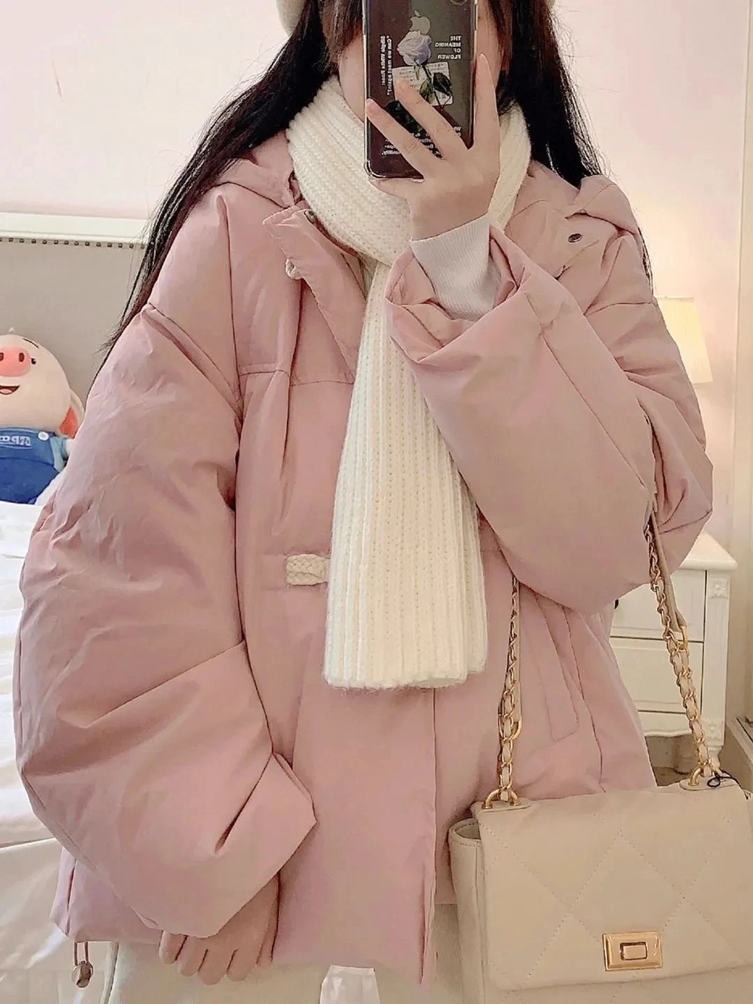 Down Cotton Jacket Women Autumn Winter 2023 New Pink Horn Button Cotton Coat Fashion Casual Version Loose Warm Parkas Womens