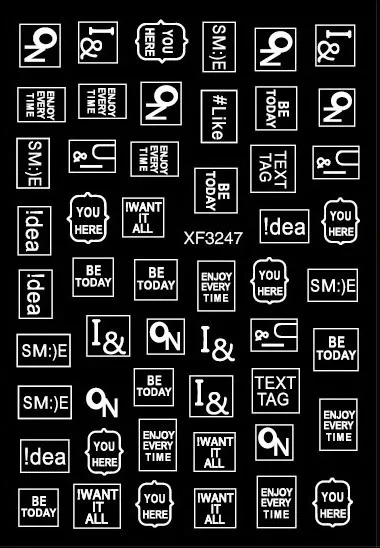 검은 흰색 문자 네일 아트 스티커 손톱 아트 장식을위한 추상 얼굴 라벨 슬라이더 DIY 단어 디자인 UV 젤 매력