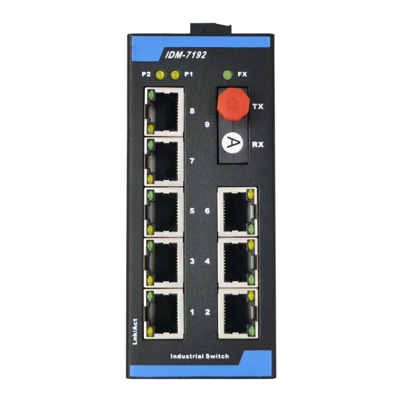 IDM-7192-FC1-conmutador Ethernet Industrial de 9 puertos, conmutador de carril DIN de 100M, 1 transceptor de fibra óptica eléctrica 8