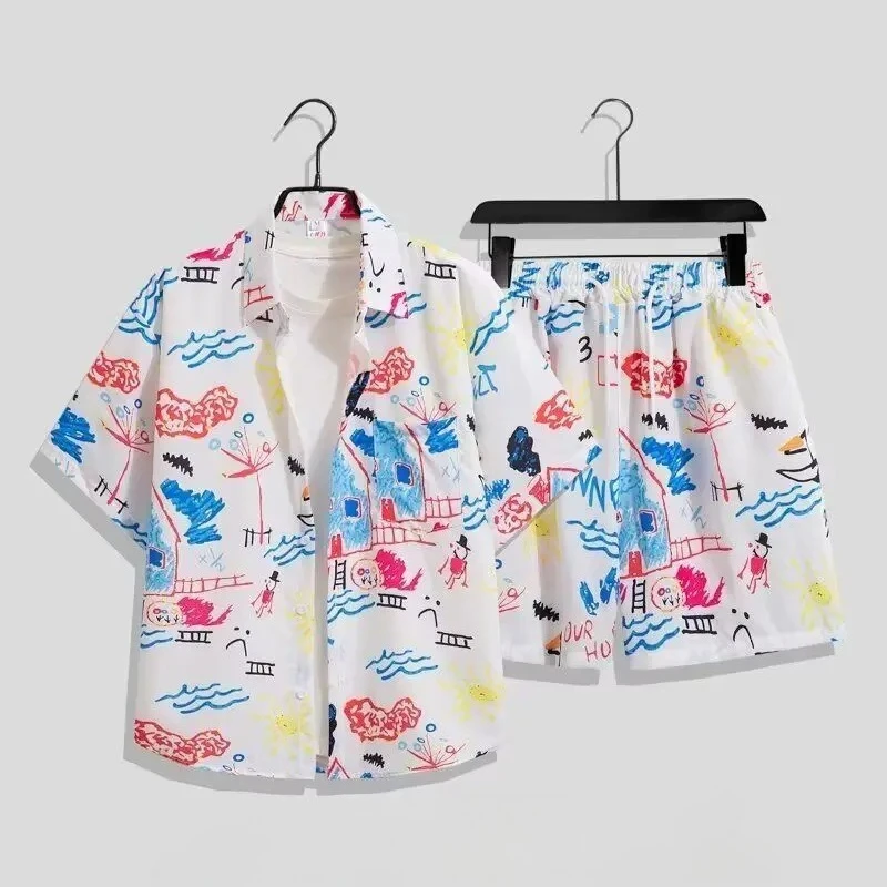 

Plus Size Men's Ice Silk Summer Set Quick Dry Short Sleeve Shirt Loose Fit Beach Shorts Couple Matching 2 Pieces Colorful Print