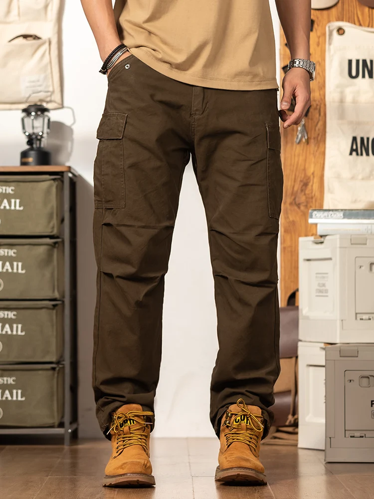 

Retro American Brown Straight Leg Work Pants Men's New 2025 Multi ket Heavy Du Waed Casual Trousers Faion Urban Cotton