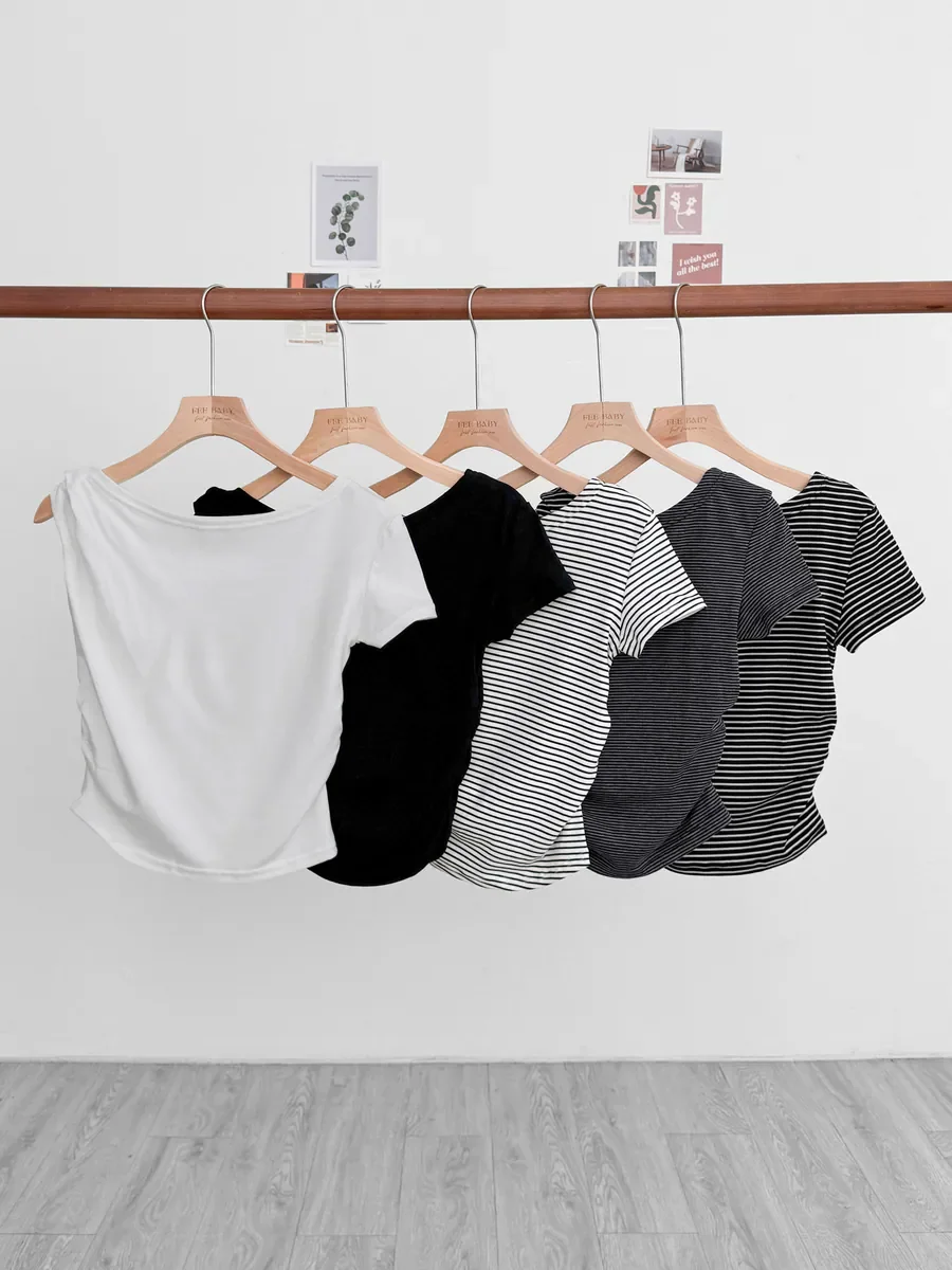 Summer Ladies Off Shoulder Crop Top Asymmetrical Short Sleeve Shirts Ruched Slim Fitted Twist Shoulder Casual Y2K Blouse