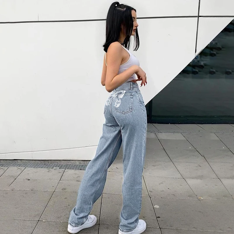 Women Streetwear Hip Butterfly Print Casual High Waist Mom Denim 90s Indie Oversize Y2k Harajuku Fashion Baggy Straight Jeans