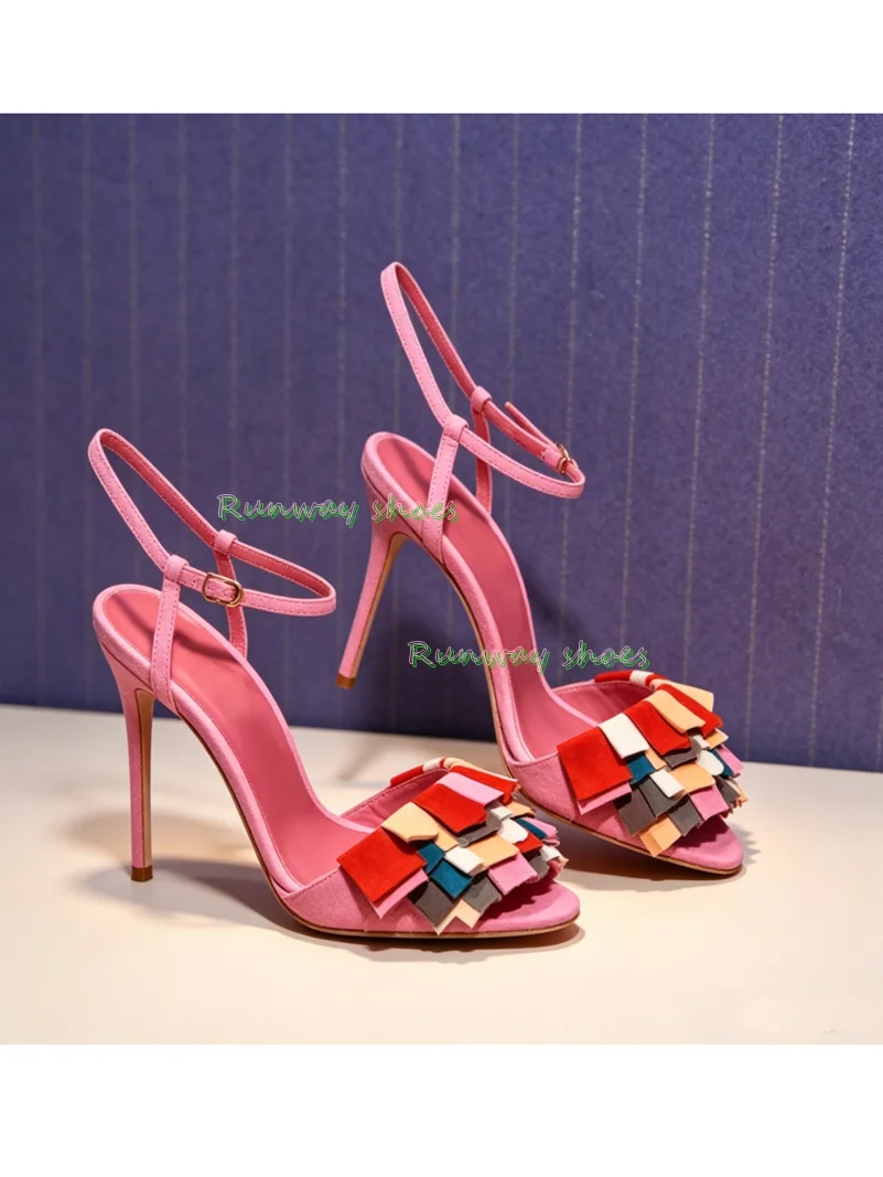 Pink Suede High Heels Sandals Colorful Square Fringe Decoration Ankle Strap Stiletto Heel Open Toe Party Wedding Dress Shoes