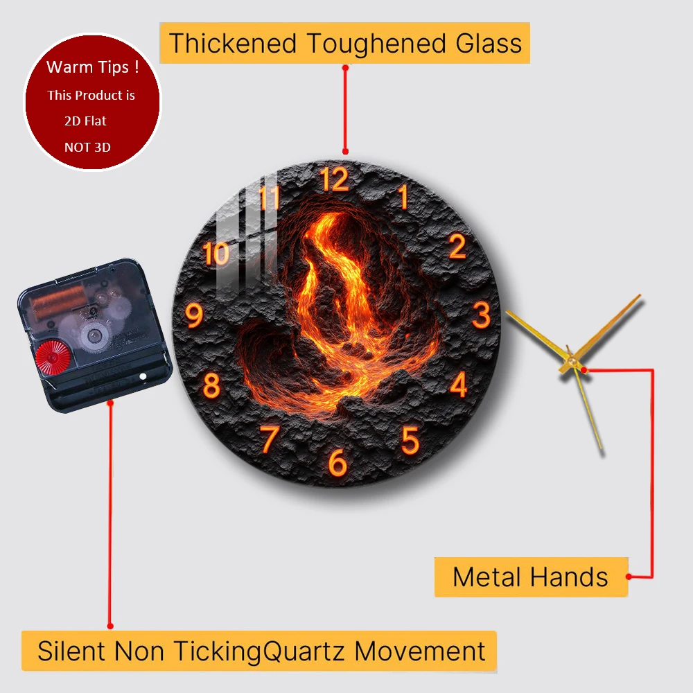 Tempered Glass Wall Clock Lava Flow Volcano Crater Clock Suitable For House Home Room Wall Decor or Tabletop Display Anywhere