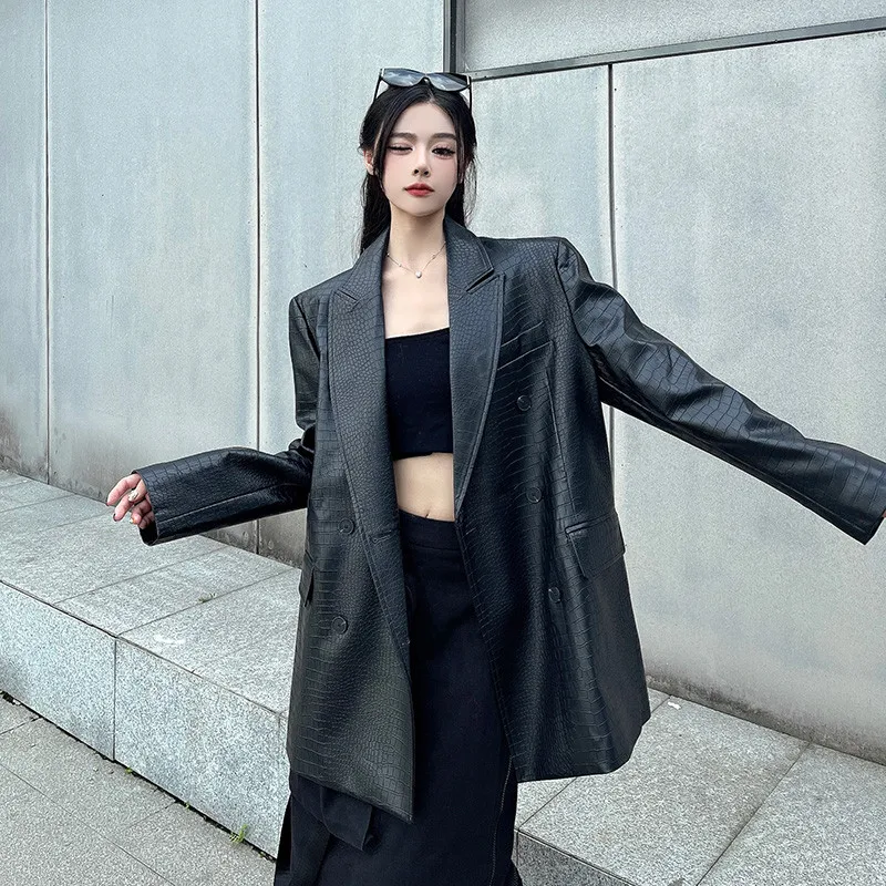 2026 ربيع جديد منتصف طويلة بليزرات سوداء بولي معطف معطف معطف جلد المرأة الكورية فضفاضة لينة فو الجلود أبلى الإناث الدعاوى الجلدية سترة