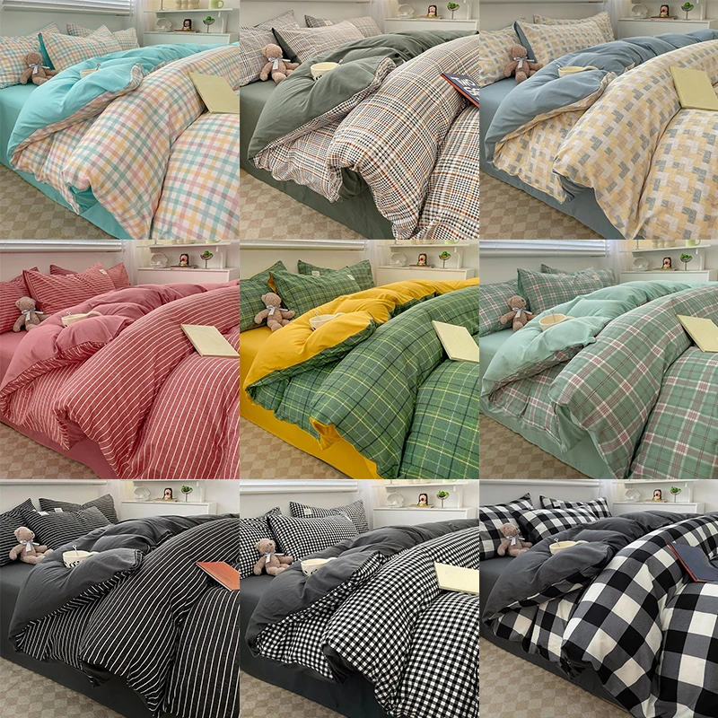 Simple Striped Check Bedding Set Washed Cotton Skin Friendly Comforter Breathable Duvet Cover Bed Sheet Home Decor Jogo De Cama