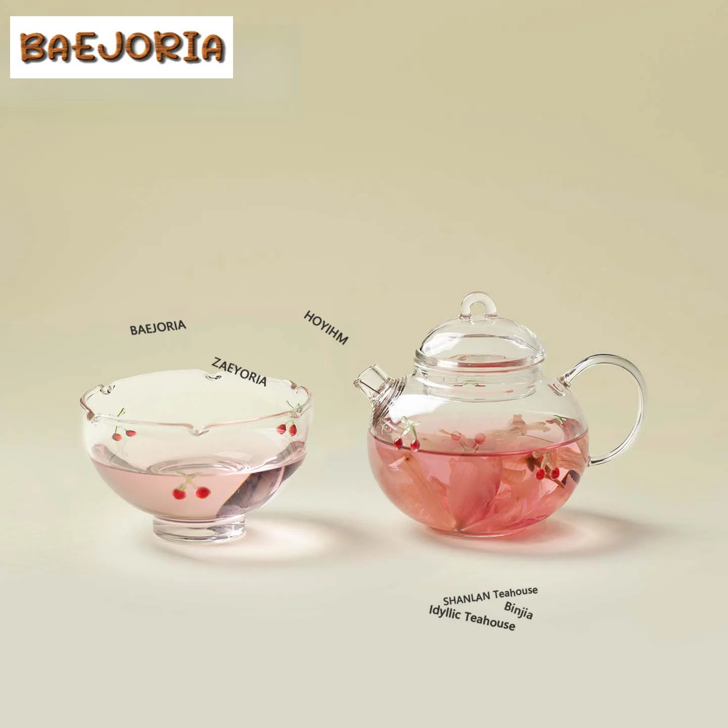 BAEJORIA Cherry Glass Tea Set Complete Set Boutique Tea Ceremony Set Tea Maker Teapot And Tea Cup Set Teaset Accessories Craft