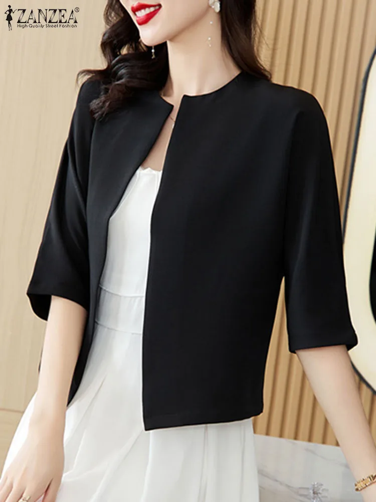 ZANZEA Summer Elegant Solid Blazer Suits Fashion Women Short Sleeve Office Work Blouse Vintage OL Shirt O Neck Jackets Thin Tops