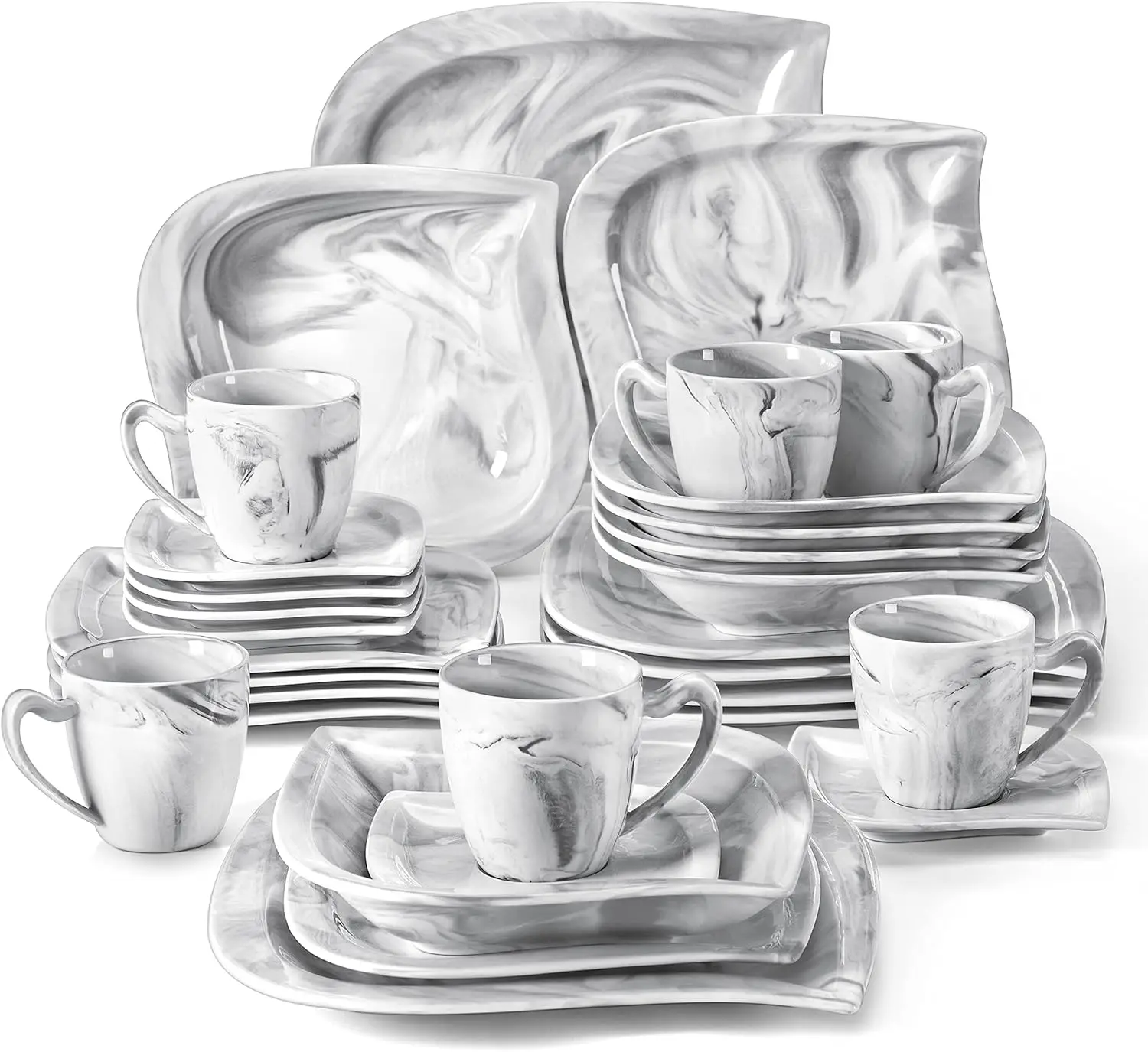 

Dinnerware Sets for 6, 30 Piece Porcelain Plates and Bowls Sets, Marble Dish Set with Plates and Bowls, Cup and Saucer, Square P