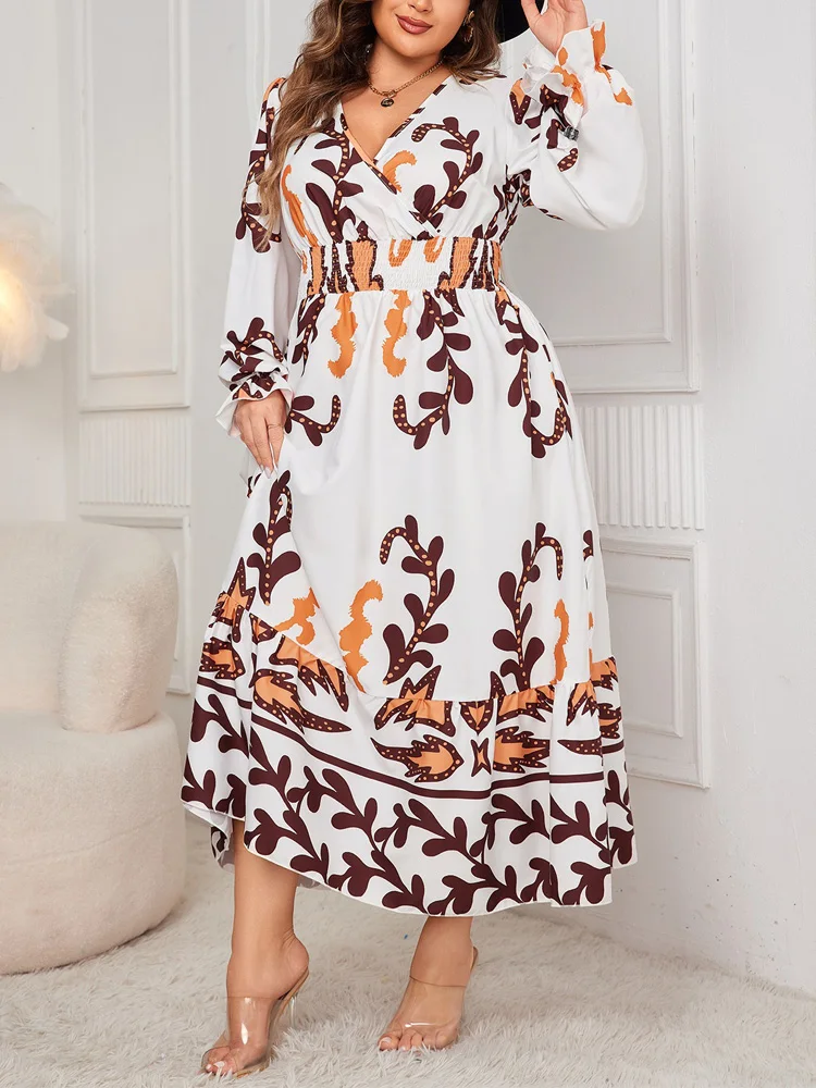 GIBSIE Plus Size Surplice Neck Printed Maxi Dress Women Autumn New High Waist Long Sleeve Ruffle Hem A-Line Dresses 2024