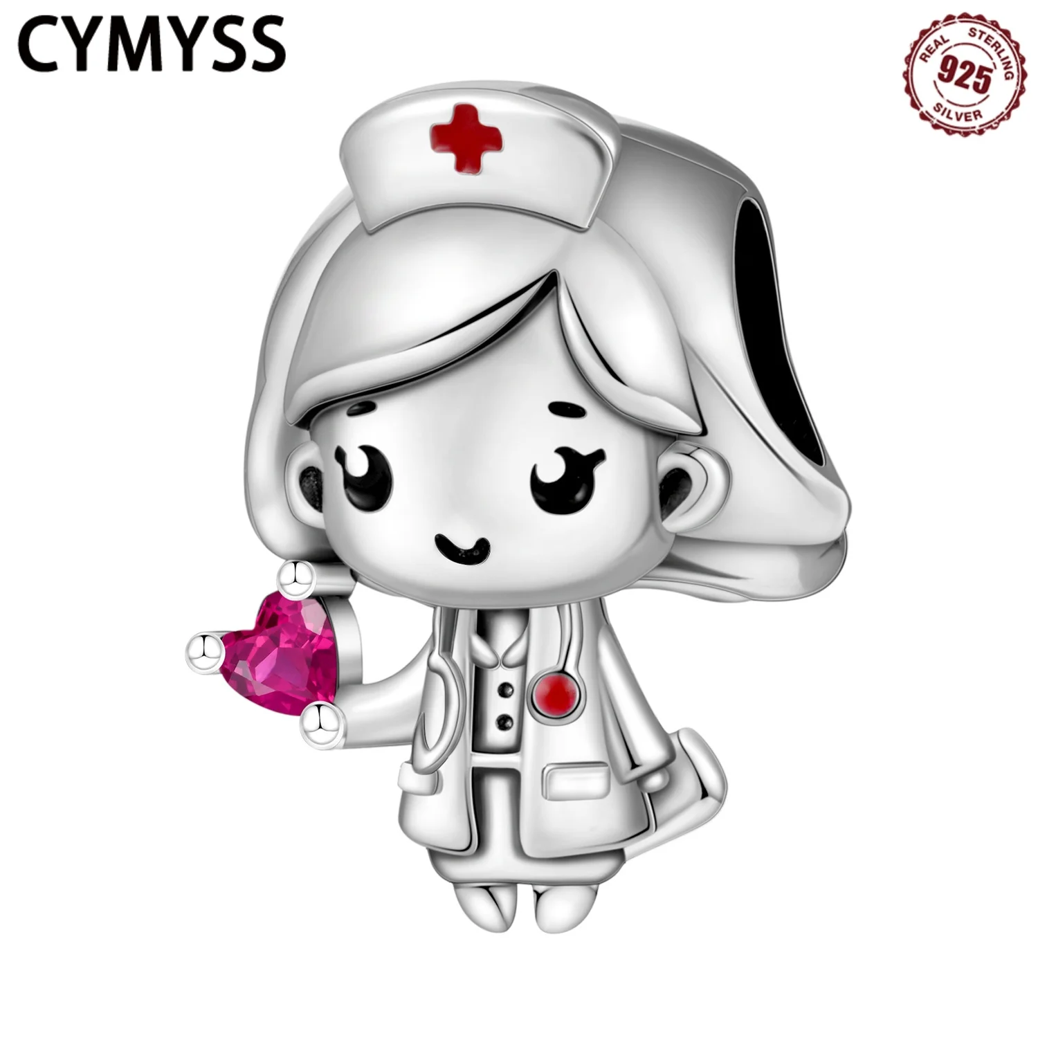 

CYMYSS 925 sterling silver heart-shaped nurse bead zircon bead suitable for DIY bracelets, women's bead jewelry