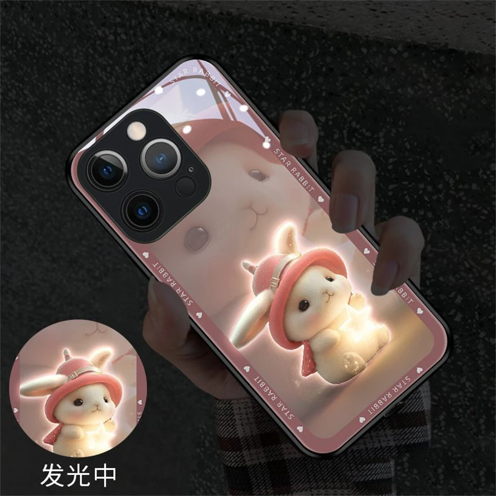 Cute Star Rabbit Bunny Design Led Light Phone Case Call Flash Glitter Cover For iPhone Air 17 16 15 14 13 12 11 Pro Max Plus