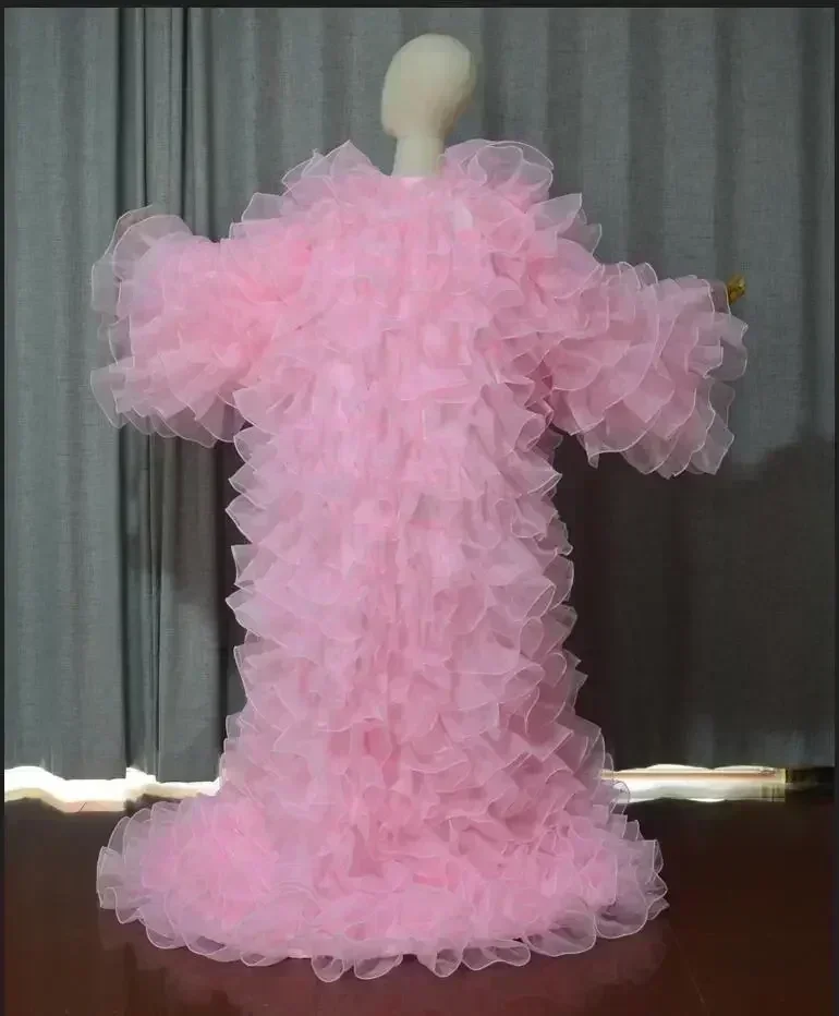 Vestido de jaqueta de organza rosa para mulheres, mangas completas, babados, comprimento do chão, manto longo, vestido para sessão fotográfica, capa de casamento, tamanho personalizado