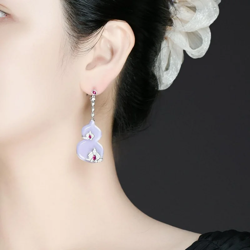 BELLUX الأصلي 925 أقراط فضية زهرة نمط الكرمة التفاف تصميم ضوء فاخر الأرجواني العقيق القرع أقراط