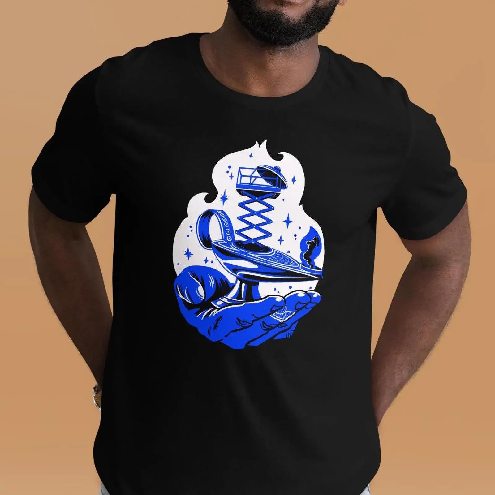 Genie Lamp Scissor Lift Construction T shirt Funny Electrician Joke Handyman Themed For Dad vintage Washed graphic streetwear