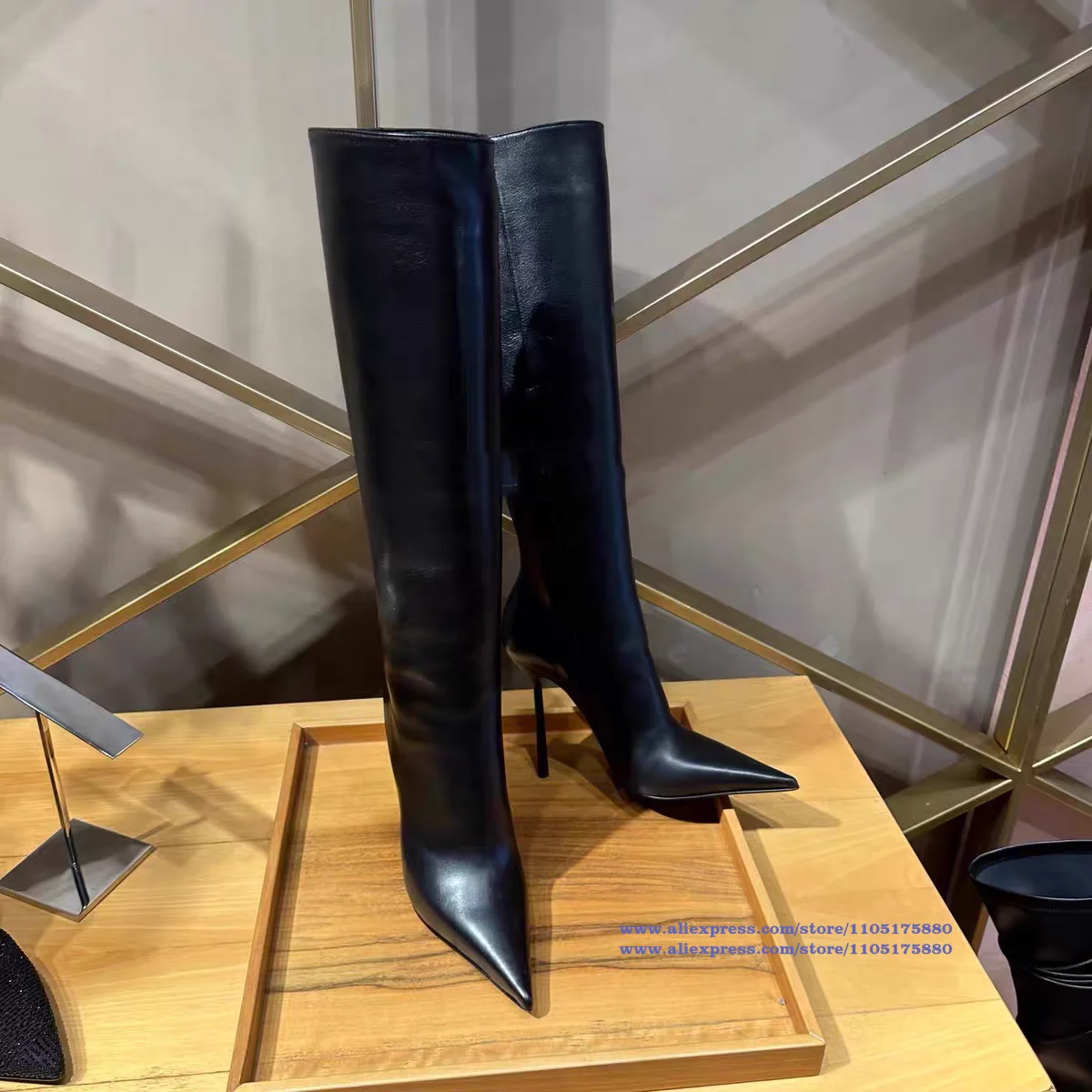 

Matte Black Knee-High Boots Women Pointy Toe High Heel Booties Elegant Stylish Party Dress Shoes Trendy Handmade Botas Mujer