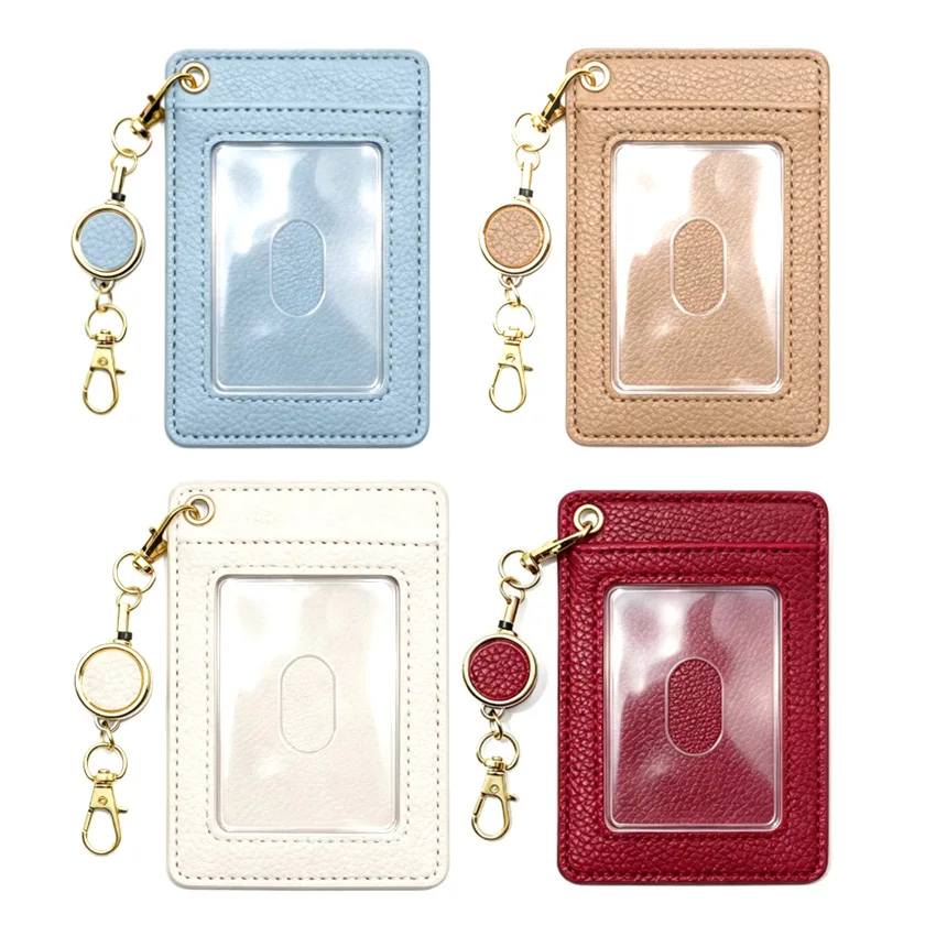 Retractable Badge Reel ID Card Holder with Lanyard, Japanese Style PU Leather Card Sleeve, Ladies Work Name Tag Card Pouch