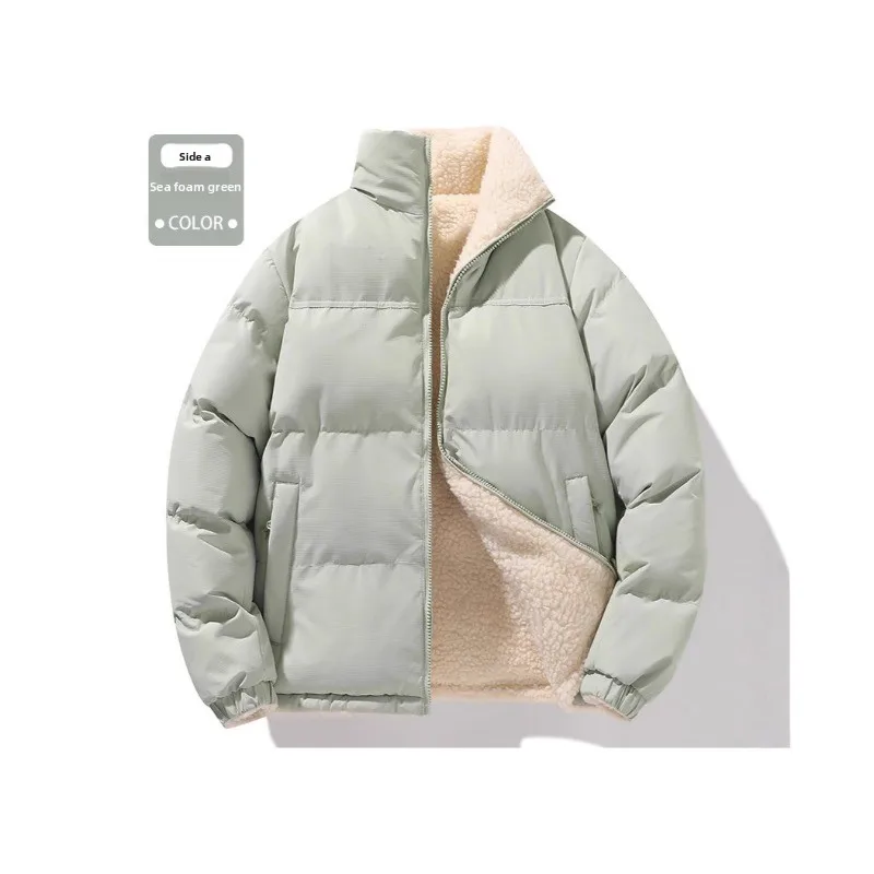 Winter Men's Double-sided Lambing Wool Cotton Coat Stand Collar Plush Thick Warm Large Waterproof Loose Jacket for Women