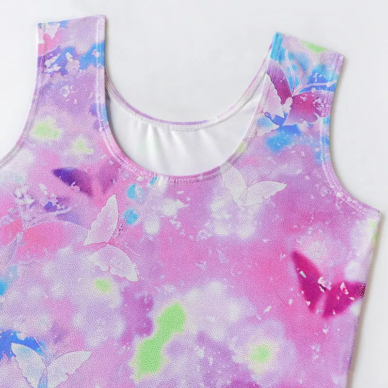 Gymnastics Leotard Girls Ballet Leotard Dance Foil Printing Tank Biketard Kids Shinny Metallic with Hair Tie