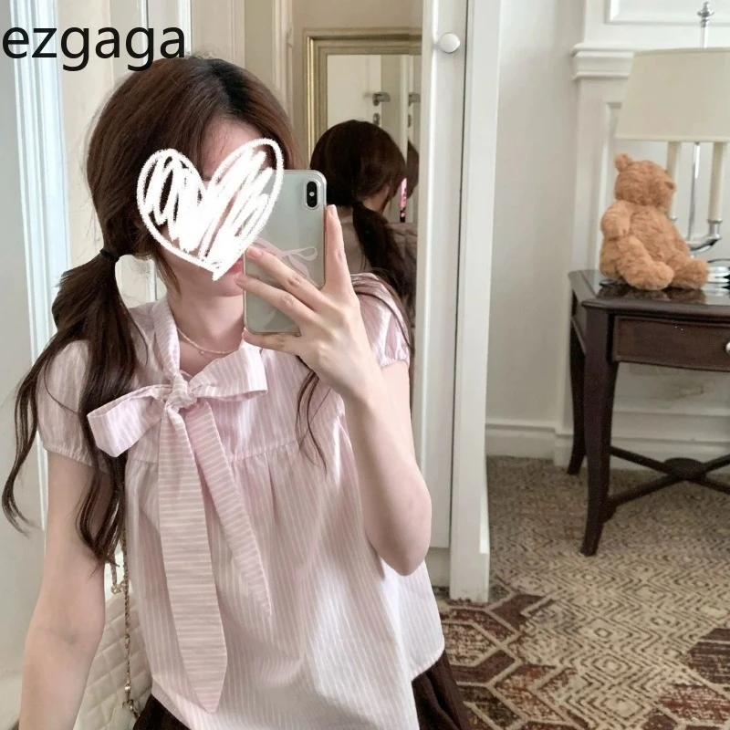 

Ezgaga Shirts Women Sweet Bow Short Sleeve Spring Summer Fashion Tops Short Sleeve Elegant French Style Chic Ladies Blouse