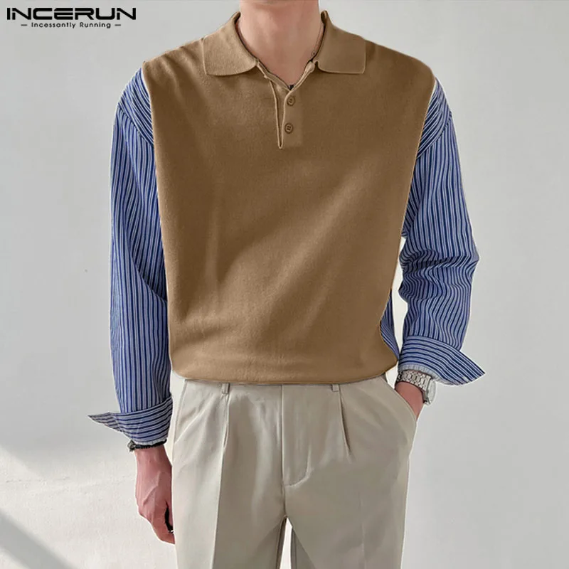 Incerun masculino solto bonito botões camisas 2024 casual manga longa aberta blusas elegante moda lapela falso duas peças topos