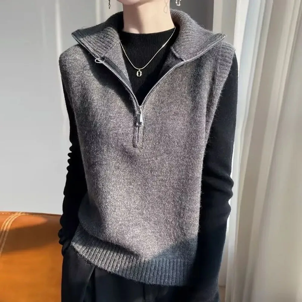 

Новый осенне-зимний вязаный свитер с высоким воротником и полумолнией, жилет, женский жилет без рукавов, пальто, женские повседневные теплые топы