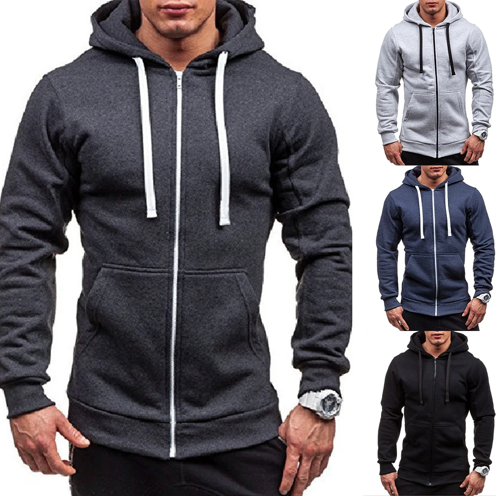 سترة بغطاء للرأس كاجوال للرجال مع سحاب أمامي وأكمام طويلة وخط عنق معطف بلون سادة مصمم للياقة البدنية الرياضية