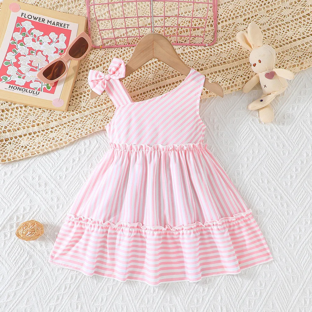 Dress For Kids Newborn 6Months -3Years old Cute Stripe Bow Back Button Sleeveless Princess Formal Dresses Ootd For Baby Girl