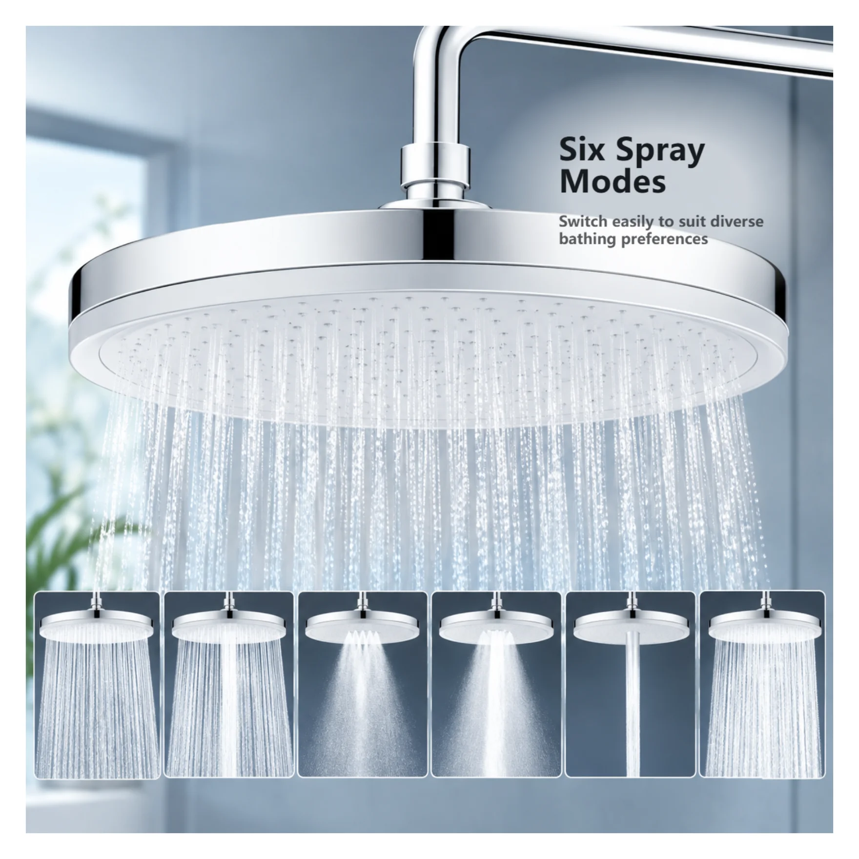 High Flow Supercharged Rain Showerhead 230mm Round Overhead Spray 6 Function Adjustable High Pressure Shower Head Bathroom Acces