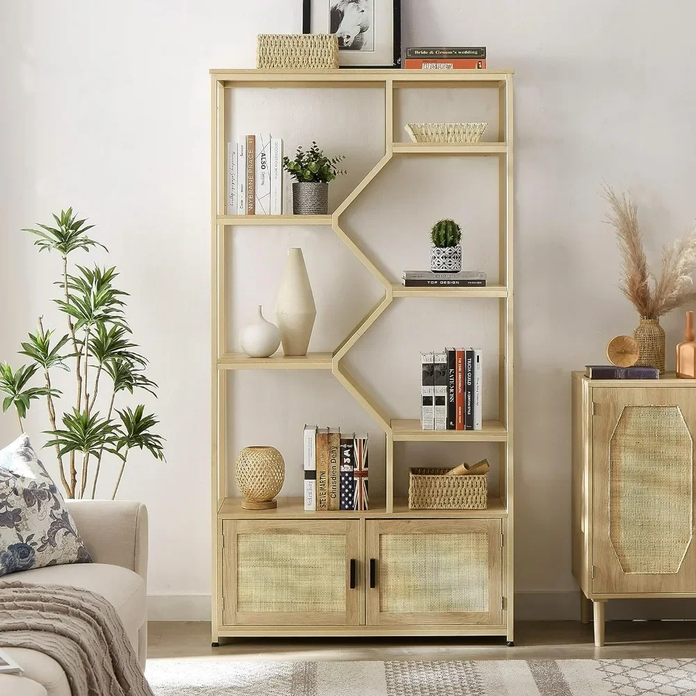 

Rattan Bookshelf, with 1 Natural Rattan Storage Cabinet and 7 Open Display Shelves,w/Adjustable Shleves & Foot Pad,bookshelf